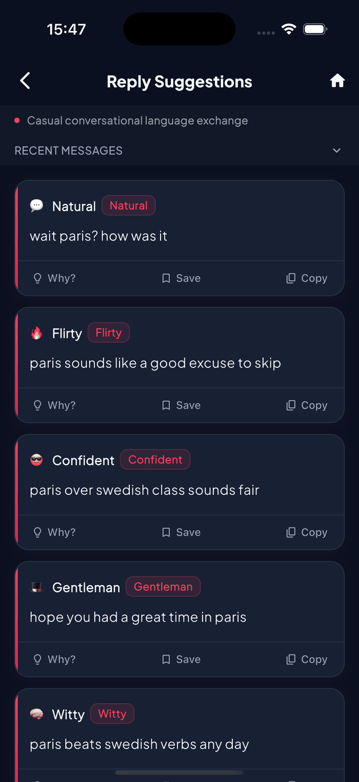Aruvela AI reply suggestions showing tone-matched responses to a conversation