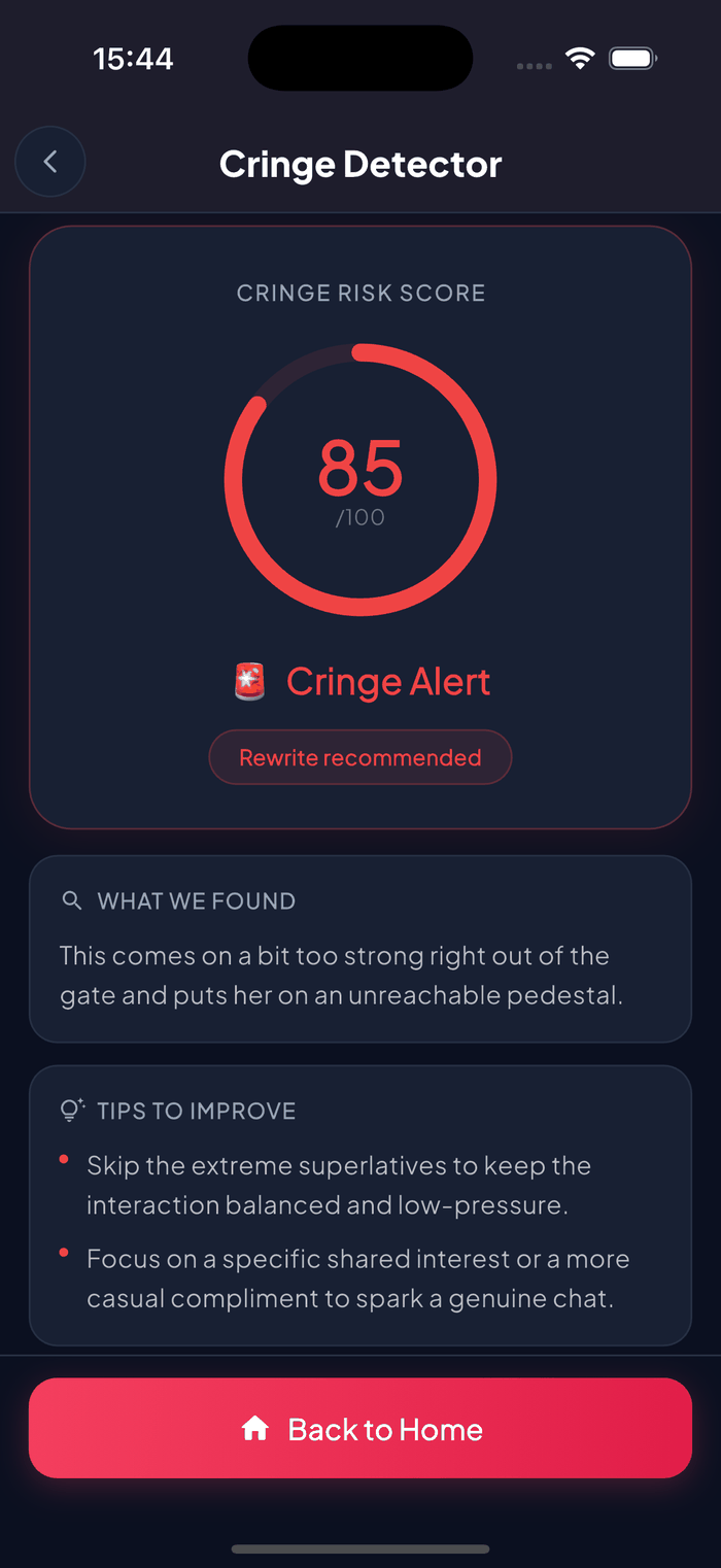 Aruvela Cringe Detector showing a cringe risk score and message rewrite suggestions