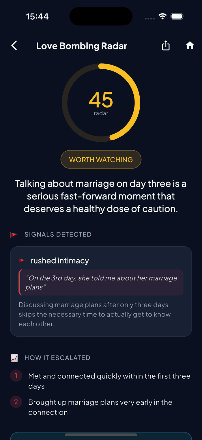 Aruvela Love Bombing Radar showing a risk score and detected manipulation tactics