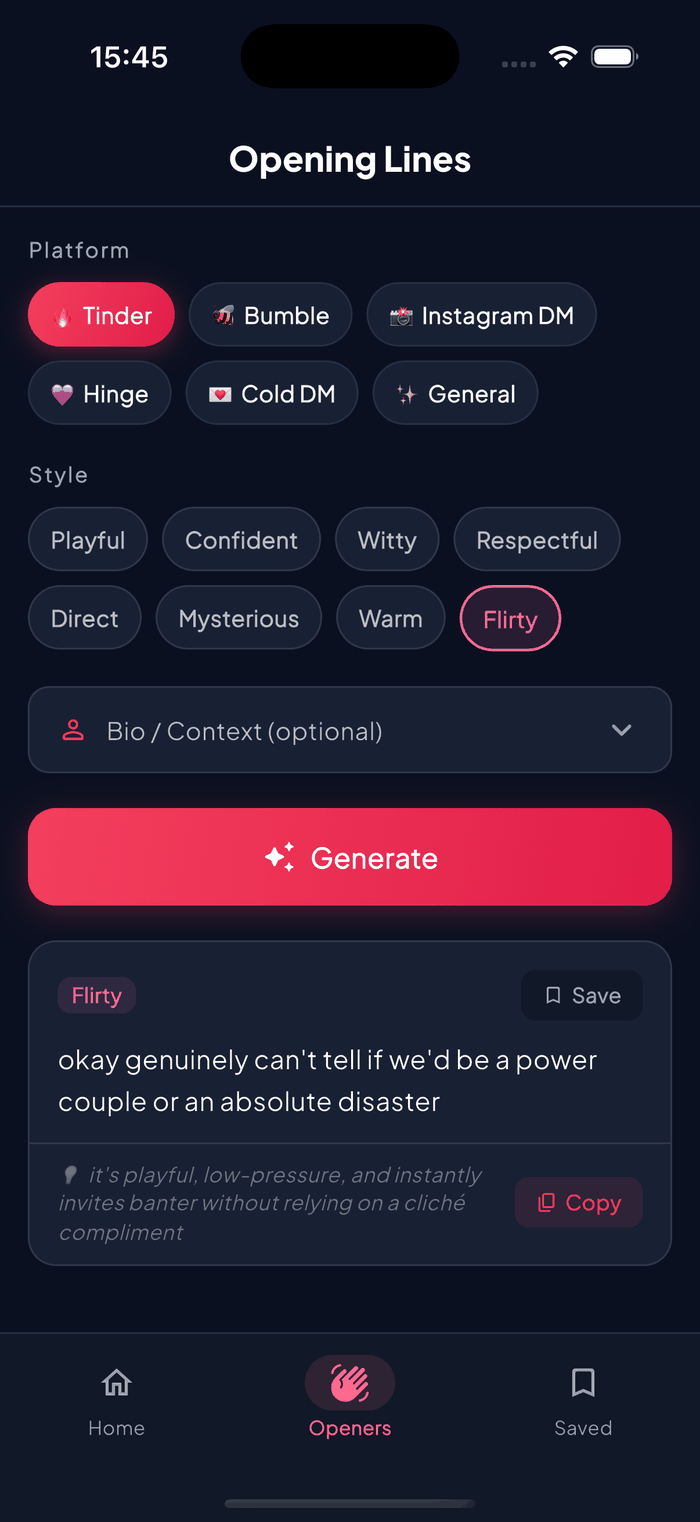 Aruvela Opening Lines screen showing a personalized first message suggestion