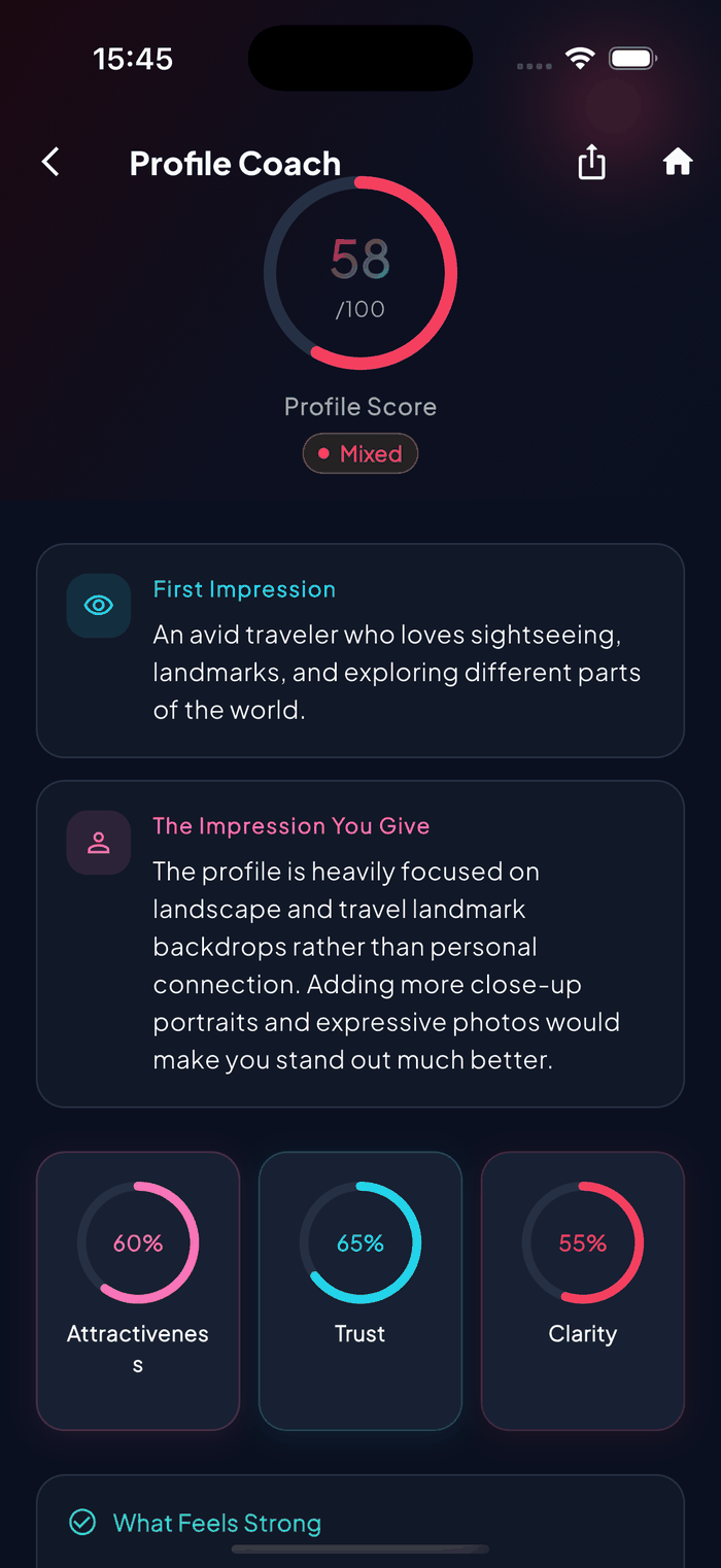 Aruvela Profile Coach showing a profile score and photo feedback