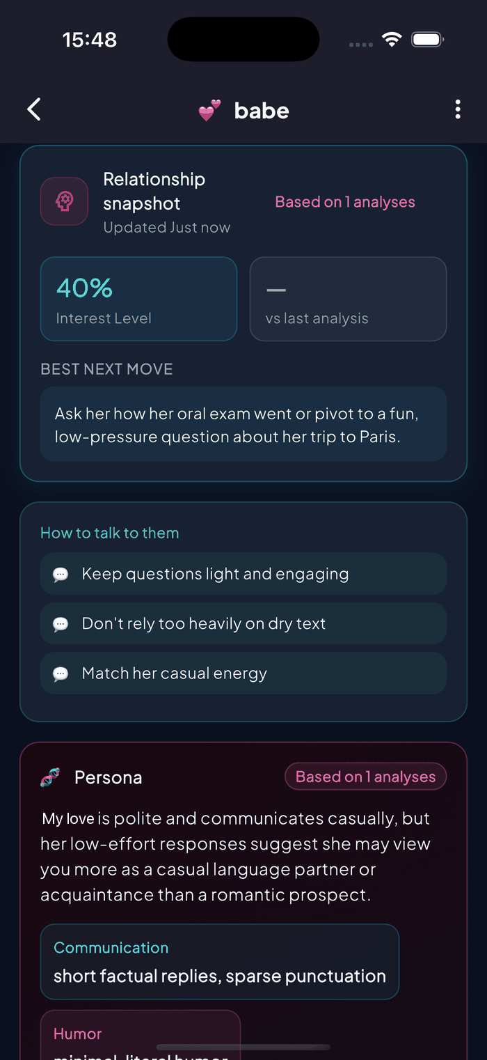 Aruvela Relationship Memory showing an AI-built persona for a saved contact